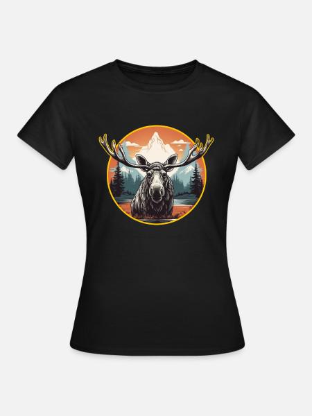 Iso hirvi järvessä vuorten ja metsien edessä - T-shirt dam - svart