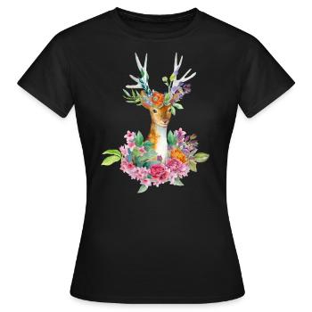 Reh Deer Fleur Flowers Comic Fun Watercolors - T-shirt Femme - noir - Devant - AI Model Female 172 dark (172cm)