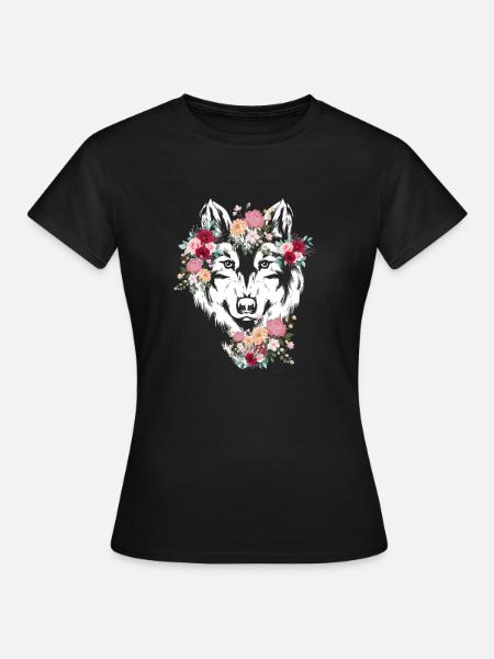 Wolf Wolfskopf Blumen Deko - Frauen T-Shirt - Schwarz