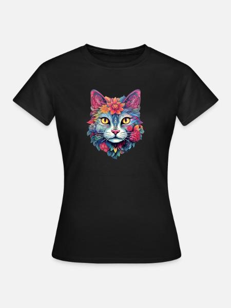 Katze Ästhetisches Blumen-Design - Frauen T-Shirt - Schwarz