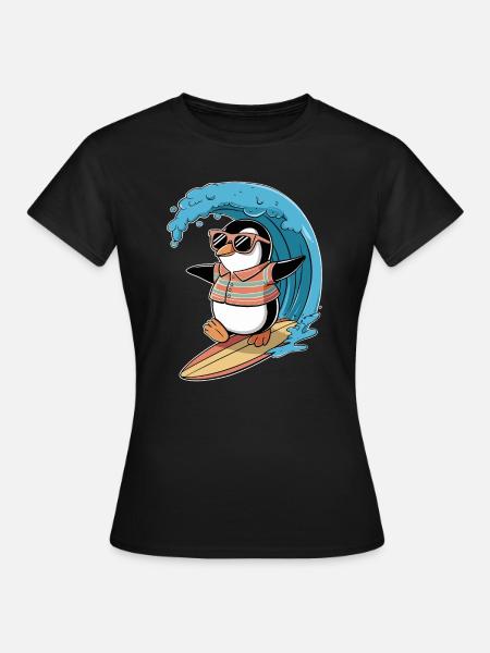 Cooler Pinguin Beim Surfen Mit Sonnenbrille - Frauen T-Shirt - Schwarz