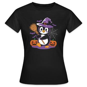 Penguin Halloween Witch with Pumpkins and Broom - Women's T-Shirt - black - Front - AI Model Female 172 dark (172cm)