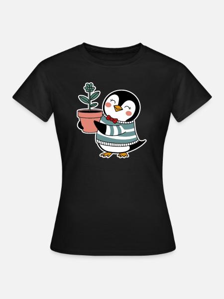 Fröhlicher Pinguin Gärtner mit Blume - Frauen T-Shirt - Schwarz