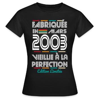 Anniversaire 20 ans - Fabriquée en Mars 2003 - T-shirt Femme - noir - Devant - AI Model Female 172 dark (172cm)