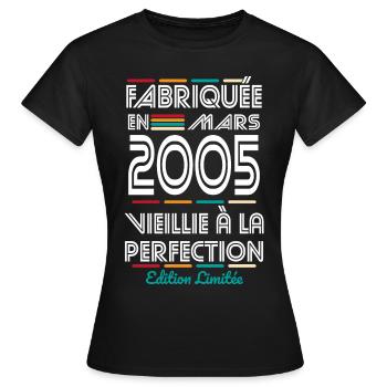 Anniversaire 20 ans - Fabriquée en Mars 2005 - T-shirt Femme - noir - Devant - AI Model Female 172 dark (172cm)