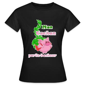Mon cochon porte-bonheur, LOTO - T-shirt Femme - noir - Devant - AI Model Female 172 dark (172cm)