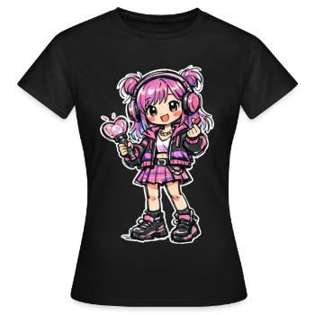 Fille d’anime Kawaii avec un casque - T-shirt Femme - noir - Devant - AI Model Female 172 dark (172cm)