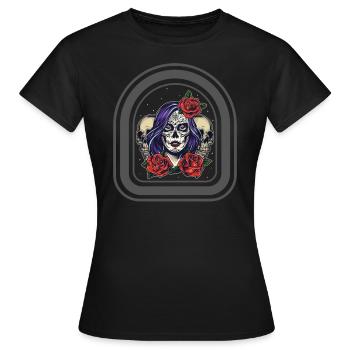 Dia De Los Muertos Hemd, Zuckerschädel Blumen - Frauen T-Shirt - Schwarz - Vorne - AI Model Female 172 dark (172cm)