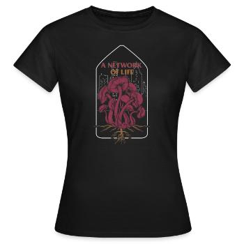 Goblincore Shirt, A Network Of Life Mushrooms Tee - Women's T-Shirt - black - Front - AI Model Female 172 dark (172cm)