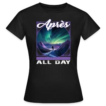 Après Ganztägig Ski Nordlichter Schneebedeckter Berg - Frauen T-Shirt - Schwarz - Vorne - AI Model Female 172 dark (172cm)
