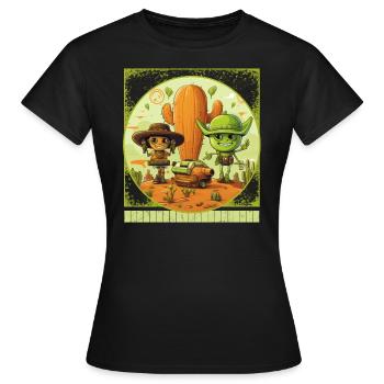 Alien Cowboy Sweatshirt, Wild West UFO Tee, - T-shirt Femme - noir - Devant - AI Model Female 172 dark (172cm)