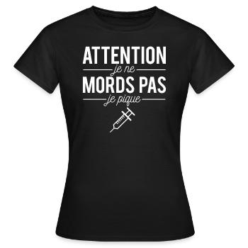 Je ne mords pas je pique humour infirmière - T-shirt Femme - noir - Devant - AI Model Female 172 dark (172cm)