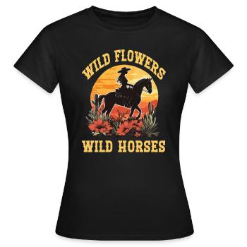 Fleurs sauvages Chevaux sauvages Équitation - T-shirt Femme - noir - Devant - AI Model Female 172 dark (172cm)