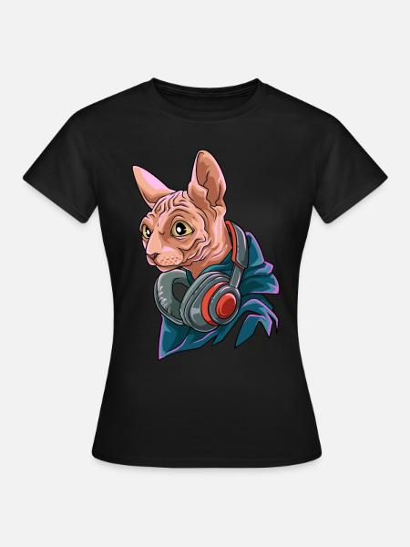 Coole Nacktkatze mit Kopfhörer - Frauen T-Shirt - Schwarz