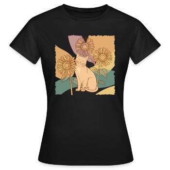 Sunflower Cat - Floral Line Art - Women's T-Shirt - black - Front - AI Model Female 172 dark (172cm)