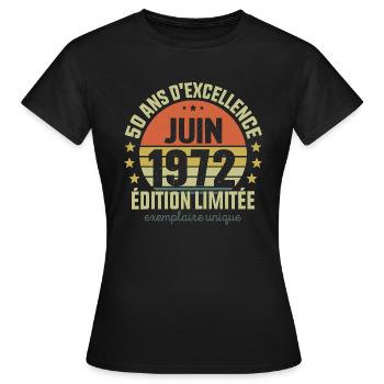 50 Ans Anniversaire Homme Femme en Juin 1972 - T-shirt Femme - noir - Devant - AI Model Female 172 dark (172cm)