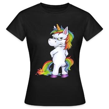 Witziges Einhorn beim Pinkeln mit pissigem Blick - Frauen T-Shirt - Schwarz - Vorne - AI Model Female 172 dark (172cm)