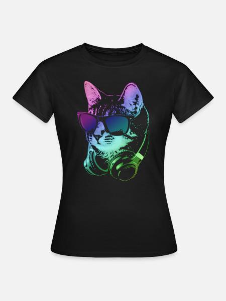 DJ Cat In Neon Lights - Frauen T-Shirt - Schwarz