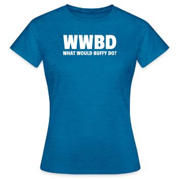 Wwbd Qu'est-ce que Buffy ferait? - T-shirt Femme - bleu saphir antique chiné - Devant - AI Model Female 172 dark (172cm)