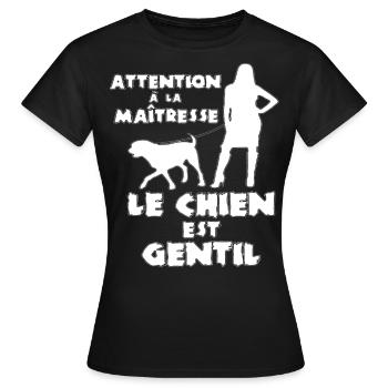ATTENTION À LA MAÎTRESSE - LE CHIEN EST GENTIL - T-shirt Femme - noir - Devant - AI Model Female 172 dark (172cm)