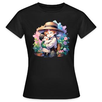 A Gardener Mother Hugging Her Son - Women's T-Shirt - black - Front - AI Model Female 172 dark (172cm)