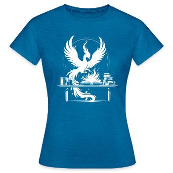„Phönix aus der Asche“ - Frauen T-Shirt - Antikblaues Saphir meliert - Vorne - AI Model Female 172 dark (172cm)