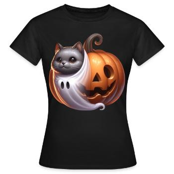 Halloween süße Katze Kuerbis Gespenst - Frauen T-Shirt - Schwarz - Vorne - AI Model Female 172 dark (172cm)
