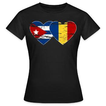 Kuba Rumänien Flagge Herz used - Frauen T-Shirt - Schwarz - Vorne - AI Model Female 172 dark (172cm)