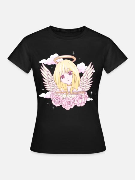 Angelcore Aesthetic Anime Girl Roses Angel Ha - Women's T-Shirt - black