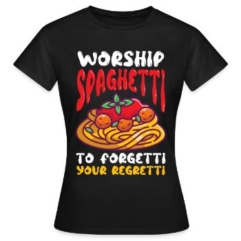 Fliegendes Spaghettimonster FSM Pastafarian - Frauen T-Shirt - Schwarz - Vorne - AI Model Female 172 dark (172cm)