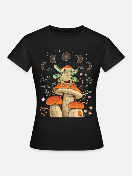 Cottagecore Aesthetic Frog Mushroom Moon Phase - Women's T-Shirt - black