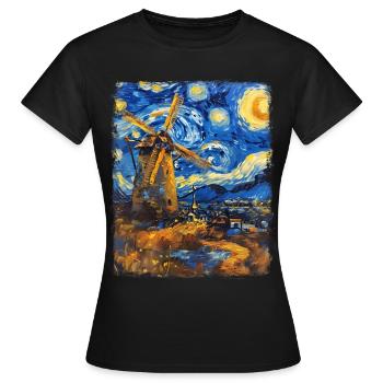 Wind Turbine Wind Turbine Starry Night Painting - Women's T-Shirt - black - Front - AI Model Female 172 dark (172cm)