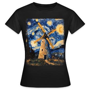 Wind Turbine Wind Turbine Starry Night Painting - Women's T-Shirt - black - Front - AI Model Female 172 dark (172cm)