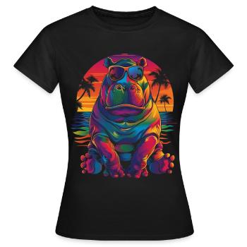 Nilpferd Hippopotamus Sonnenbrille Strand Popart - Frauen T-Shirt - Schwarz - Vorne - AI Model Female 172 dark (172cm)