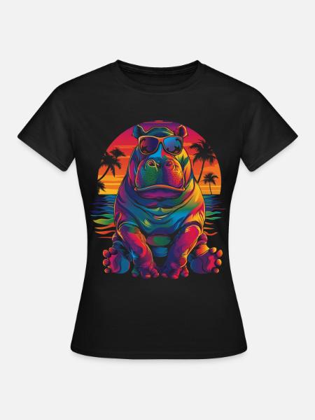 Nilpferd Hippopotamus Sonnenbrille Strand Popart - Frauen T-Shirt - Schwarz