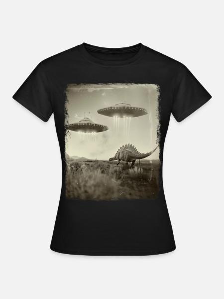 Stegosaurus Dinosaurier UFO Alien Außerirdischer S - Frauen T-Shirt - Schwarz