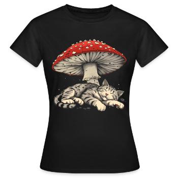 Cottagecore Aesthetic Sleeping Gray Cat Pil - Women's T-Shirt - black - Front - AI Model Female 172 dark (172cm)