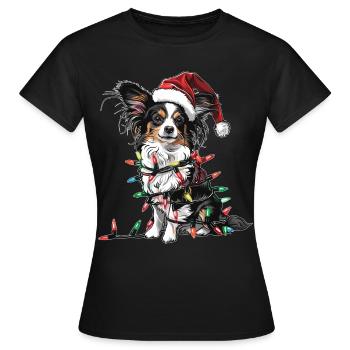 Niedlicher Papillon Hund Weihnachtsmütze Xmas - Frauen T-Shirt - Schwarz - Vorne - AI Model Female 172 dark (172cm)