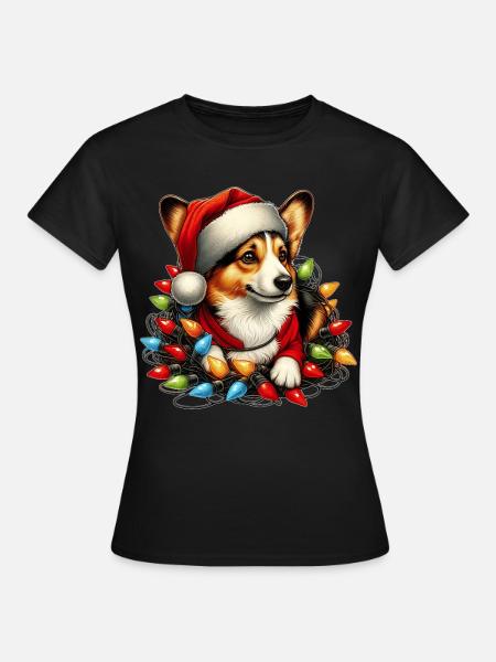 Walijski pies corgi świąteczna czapka świąteczna - Koszulka damska - czarny