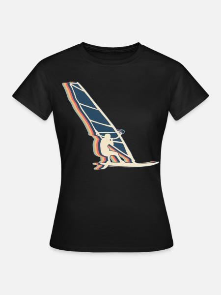 véliplanchiste planche à voile rétro dessin au trait - T-shirt Femme - noir