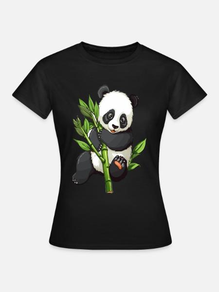 Knuffiger Panda mit Bambuszweig - Dame-T-shirt - sort