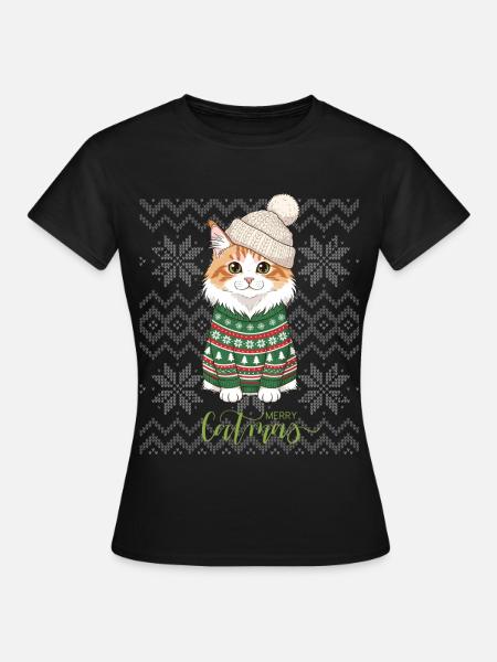 Katzenweihnachten im grünen und beigefarbenen Pullover - Frauen T-Shirt - Schwarz
