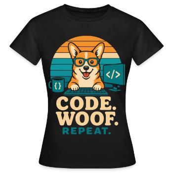 Code Woof Programmeur Répétition Corgi - T-shirt Femme - noir - Devant - AI Model Female 172 dark (172cm)