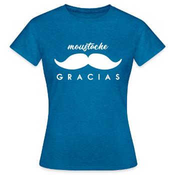 Mouchos (Moustache) Gracias Merci beaucoup Blanc - T-shirt Femme - bleu saphir antique chiné - Devant - AI Model Female 172 dark (172cm)