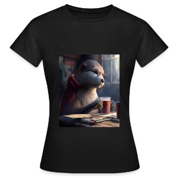 Otter Lovers Nerd Otter Drinking Coffee - Women's T-Shirt - black - Front - AI Model Female 172 dark (172cm)