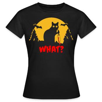 Angry Halloween cat with bloody sword WHAT? - Frauen T-Shirt - Schwarz - Vorne - AI Model Female 172 dark (172cm)