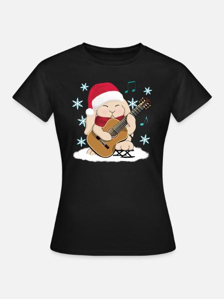 Cute Classical Guitar Player Rabbit In Santa Hat - Women's T-Shirt - black