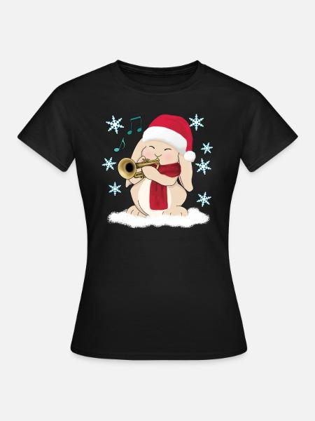 Christmas Trumpet Player Cute Rabbit in Santa Hat - Women's T-Shirt - black