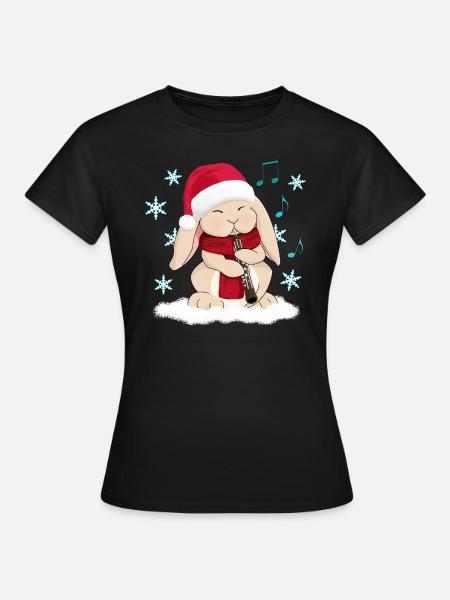 Christmas Oboe Playing Cartoon Rabbit in Santa Hat - Women's T-Shirt - black