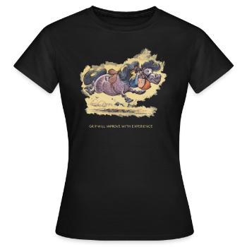 Thelwell Cartoon Reiter hängt am Hals vom Pony - Frauen T-Shirt - Schwarz - Vorne - AI Model Female 172 dark (172cm)